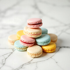 Obraz premium Colorful French macarons, a delicious dessert, are artfully arranged on a wooden table