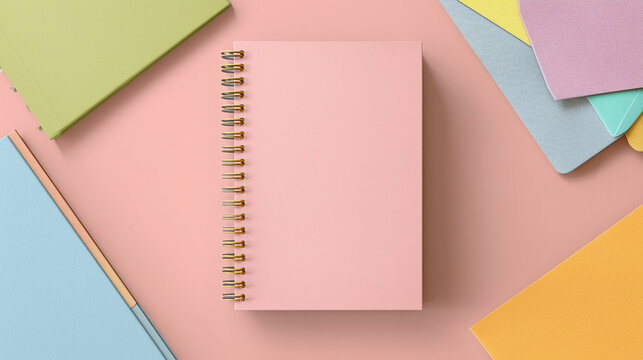 A pink spiral notebook is on top of a stack of other notebooks - Powered by Adobe