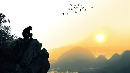 A monkey silhouette sits on a rock overlooking a landscape with mountains and a flock of birds at sunset