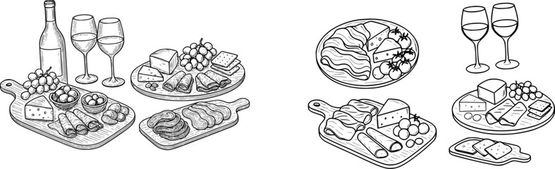 Rustic European Food and Wine Illustrations – Hand-Drawn Charcuterie.