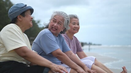 Happy senior women enjoying a playful walk on the beach, laughing and holding hands as they splash through the waves together - Powered by Adobe