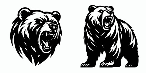 Bear growling defensive stance. Retro Cartoon Clipart Silhouette Stock Vector Line Art Illustration. Wild animal uttering warning guard posture protection gesture.