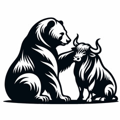 Obraz premium Bear patting bull gently. Retro Cartoon Clipart Silhouette Stock Vector Line Art Illustration. Animal care stroking bovine lightly kind touch wildlife action.