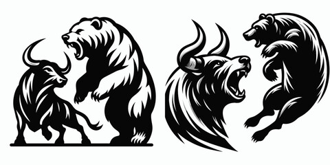 Bear roaring at bull closely. Retro Cartoon Clipart Silhouette Stock Vector Line Art Illustration. Angry wild mammal bellowing near bovine close encounter.