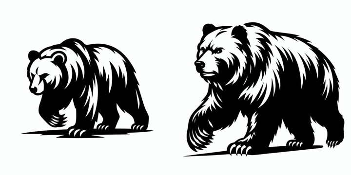 Bear walking forward claws out. Retro Cartoon Clipart Silhouette Stock Vector Line Art Illustration. Large mammal advancing demonstrating sharp nail a wild creature movement.