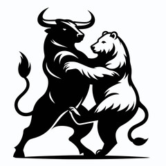 Bull and bear dancing tango. Retro Cartoon Clipart Silhouette Stock Vector Line Art Illustration. Market player action ox bruin in a ballroom partnership.