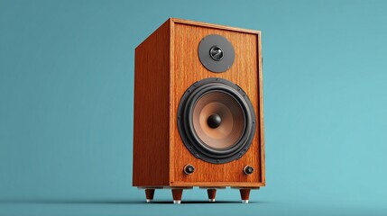 A vintage wooden speaker sits on a teal backdrop. Two large, brown speaker cones and smaller black tweeter