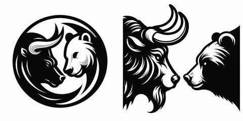 Obraz premium Bull and bear nose touch. Retro Cartoon Clipart Silhouette Stock Vector Line Art Illustration. Market upturn downturn adjacency finance trend near parity condition.