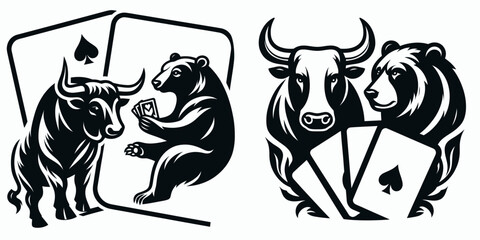 Bull and bear playing cards. Retro Cartoon Clipart Silhouette Stock Vector Line Art Illustration. Market animal paper deck trade game hobby activity item.