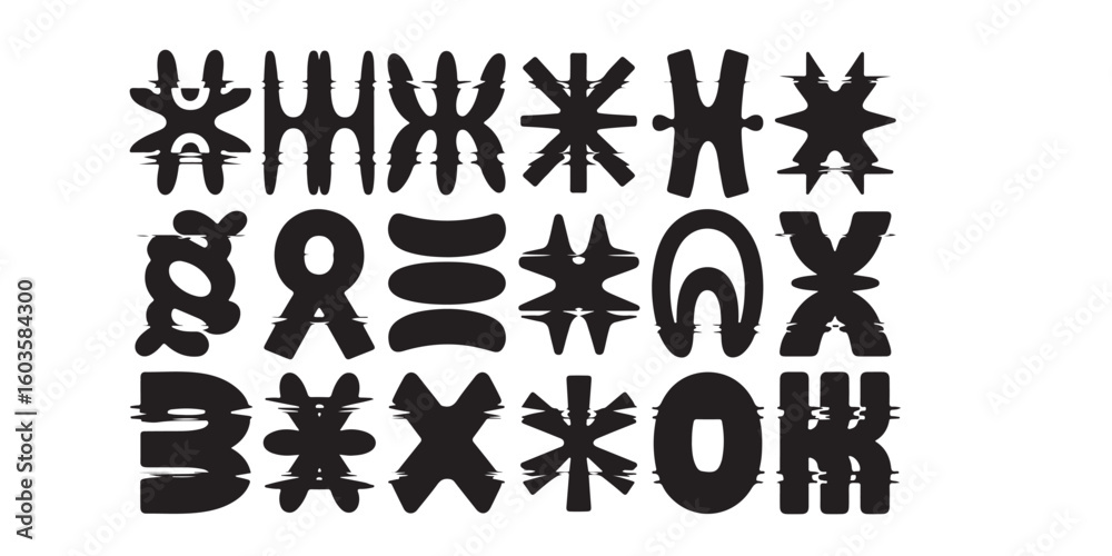 Poster a monochrome display of distorted abstract glyphs arranged in rows and columns on a white background