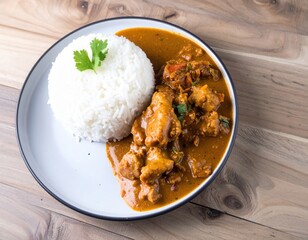 Chicken curry served with steamed rice on a plate Aromatic dish on wooden background