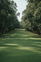Obraz premium A well-maintained golf course fairway, lined with lush trees, stretches into the distance under a light sky.