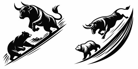 Bull chasing bear downhill. Retro Cartoon Clipart Silhouette Stock Vector Line Art Illustration. Bovine pursuing bruin on incline grade descent market trend action.