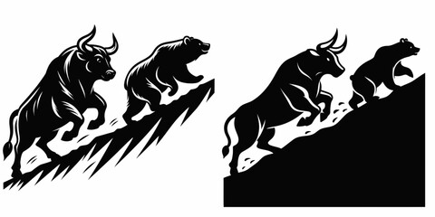 Bull chasing bear uphill. Retro Cartoon Clipart Silhouette Stock Vector Line Art Illustration. Bovine pursuing bruin toward incline market competition economy trend.