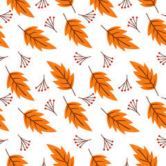 Seamless vector autumn foliage, warm orange maple leaves