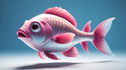 Obraz premium Adorable Pink Cartoon Fish Isolated on Blue Background Cute Stylized Aquatic Animal