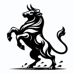 Bull rearing on hind legs. Retro Cartoon Clipart Silhouette Stock Vector Line Art Illustration. Large bovine animal rising high back legs a huge farm action.