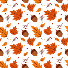 Seamless autumn leaves and acorn pattern, orange and brown seasonal design