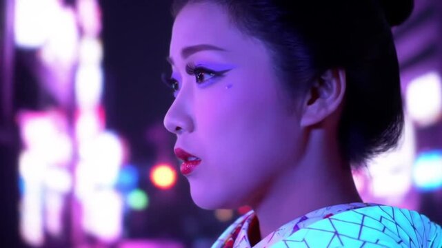 A young woman in a traditional Japanese kimono stands against a vibrant, neon-lit cityscape at night.