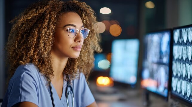 A focused female medical professional with curly hair and glasses studies brain scans on multiple monitors in a dimly lit room. - Powered by Adobe