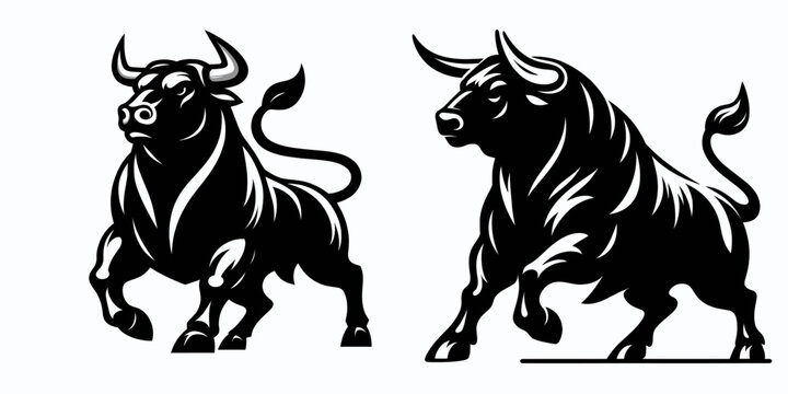 Bull swaggering confident stride. Retro Cartoon Clipart Silhouette Stock Vector Line Art Illustration. Bovine strong walk bold demeanor certain gait assured powerful locomotion.