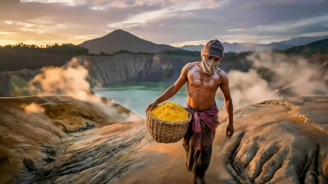 A sulfur miner carries a heavy basket from a volcanic crater at dawn, amidst rising toxic fumes