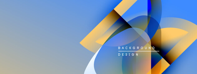 Abstract geometric shapes overlap, creating vibrant color gradients. Blue, orange, yellow hues dominate design. Minimal text present.