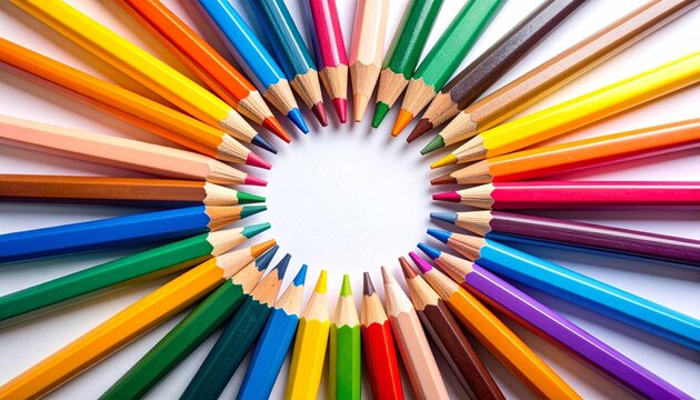 Colorful pencils arranged in a circular pattern on a white background.