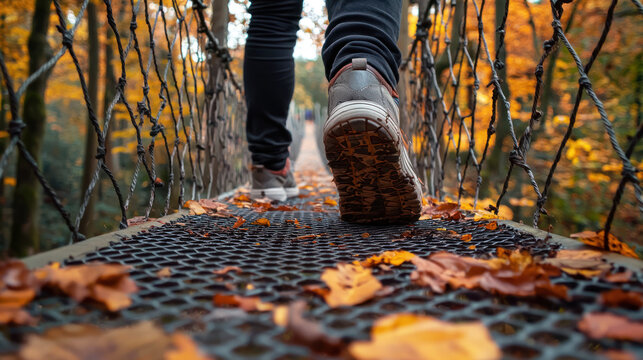 A person walking on a wooden suspension bridge in a forest during autumn, with leaves on the ground. - Powered by Adobe
