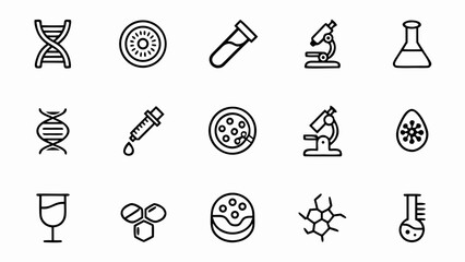 Science laboratory research equipment dna microscope flask test tube petri dish virus medical icons vector set