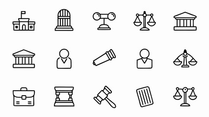 Law legal justice courthouse attorney court lawyer gavel scales building icons vector illustration set design