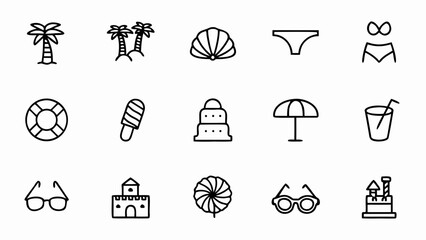 Summer vacation icons set vector design with palm trees beach umbrella and sandcastle summer holiday elements