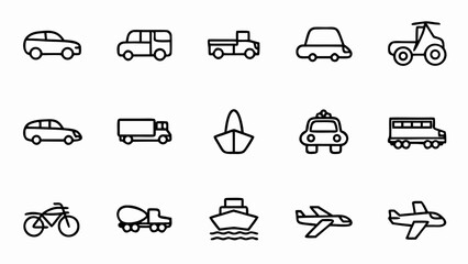 Vector transportation icons set car truck airplane boat bicycle crane vehicle travel outline design 100