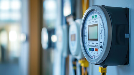 A row of smart meters mounted on a wall in a utility room.