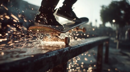 Skateboarder Performing Trick in Urban Setting with Sparks Flying from Grind on Rails