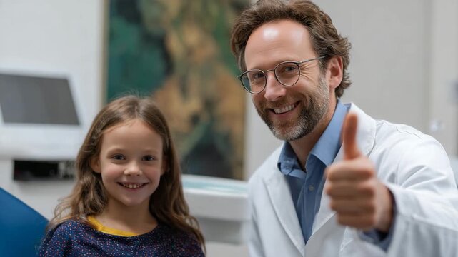 A friendly dentist, wearing glasses and a white coat, shares a warm smile with a young patient in a dental clinic, highlighting the importance of a caring environment for children.
