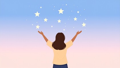 Woman with outstretched arms reaching for stars, symbolic of aspiration and dreams.