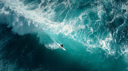Obraz premium Aerial View of Surfer Riding Waves in Turquoise Ocean Water Under Bright Blue Sky
