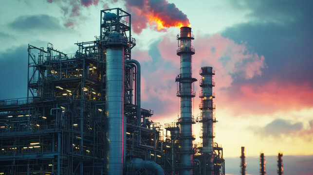 A large, industrial oil refinery with smokestacks emitting smoke against a dramatic, colorful sky.