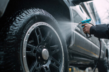 Close-up of a hand holding a water spray gun, washing a truck tire