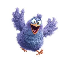 Purple fluffy bird character, joyful pose