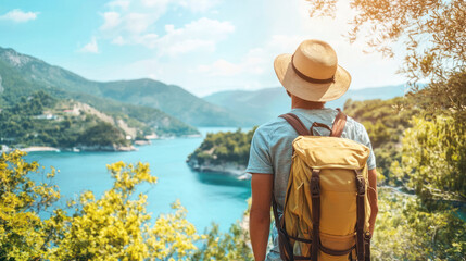Obraz premium A man wearing a hat and backpack standing on a mountain overlooking a lake and mountains.