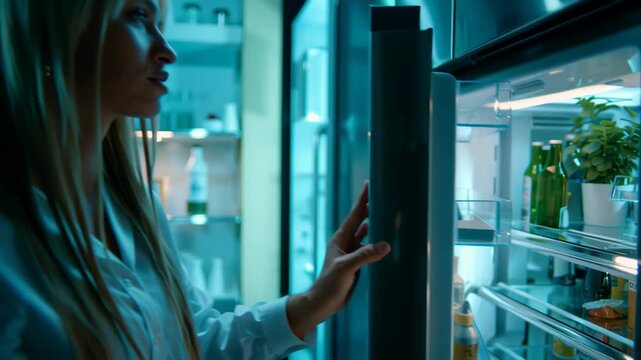Open refrigerator door revealing bottles and containers inside modern kitchen appliance with cool blue light illuminating