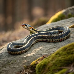 Fototapeta premium Striped Garter Snake CloseUp View of Reptile on Rock