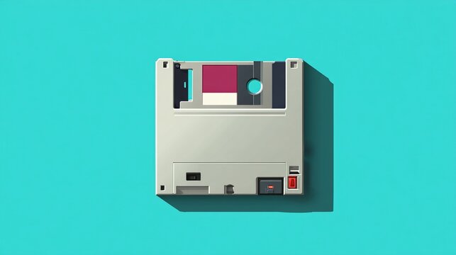 A top-down view of a beige 3.5-inch floppy disk on a vibrant turquoise background, casting a shadow