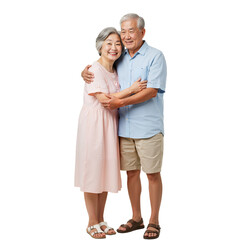 Happy elderly Asian couple hugging and smiling warmly together, standing isolated on a pure white background

