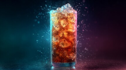 Refreshing Carbonated Drink With Ice Cubes in a Glass Surrounded by Bubbles and Colorful Light Effects