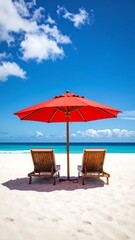 Tropical beach scene with red umbrella