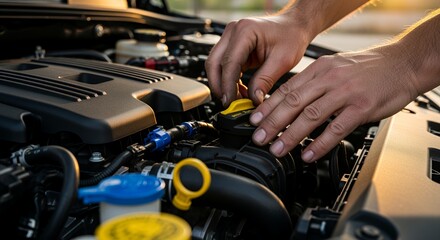 Car Engine Maintenance: A Close-up View of Hands Checking the Oil