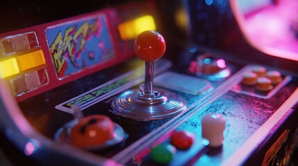 Close-up of arcade game joystick and controls, bathed in vibrant neon colors